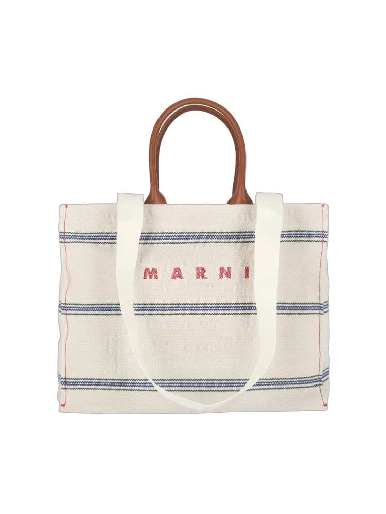 Marni 로고 자수 스트라이프 라지 토트백